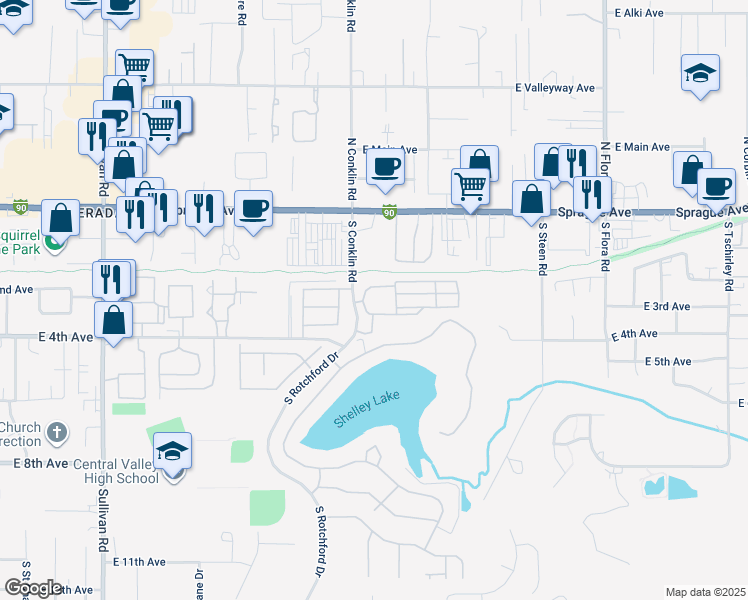 map of restaurants, bars, coffee shops, grocery stores, and more near 615 South Conklin Road in Spokane Valley