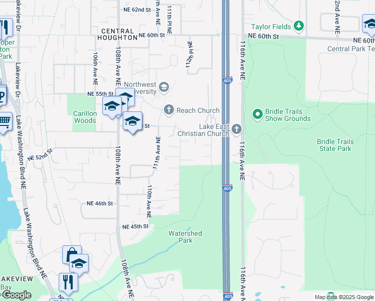 map of restaurants, bars, coffee shops, grocery stores, and more near 5050 112th Avenue Northeast in Kirkland