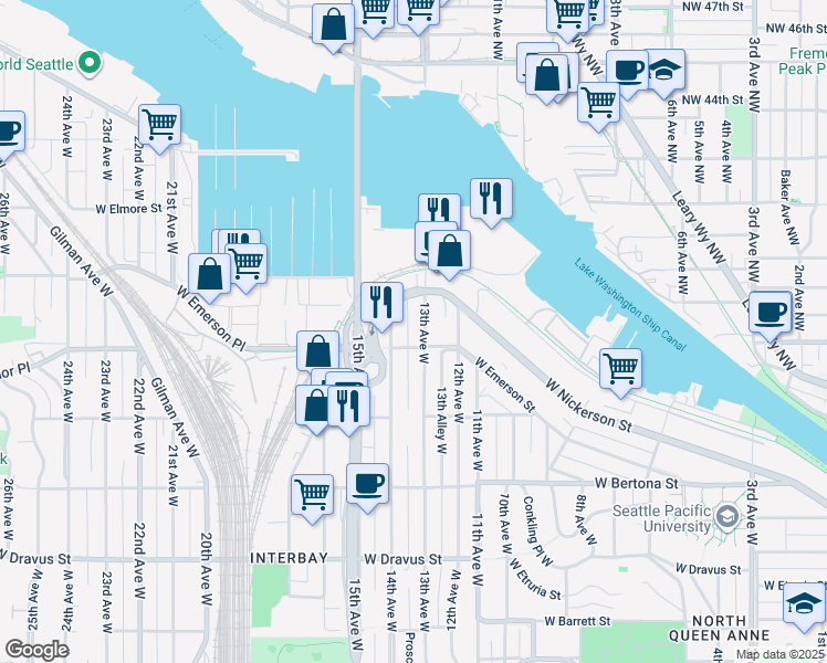 map of restaurants, bars, coffee shops, grocery stores, and more near 3811 13th Avenue West in Seattle