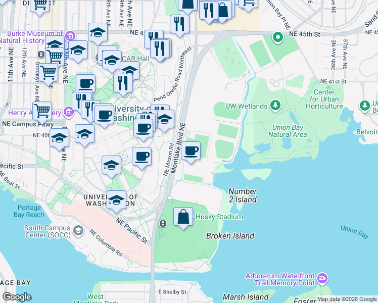 map of restaurants, bars, coffee shops, grocery stores, and more near 3924 Montlake Boulevard Northeast in Seattle