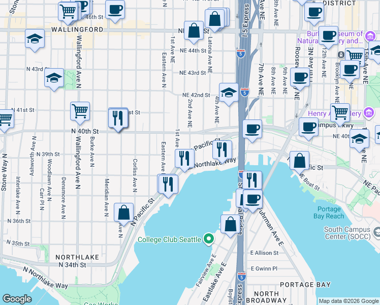 map of restaurants, bars, coffee shops, grocery stores, and more near NE Pacific St & 2nd Ave NE in Seattle