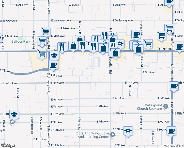 map of restaurants, bars, coffee shops, grocery stores, and more near 302 South Skipworth Road in Spokane Valley