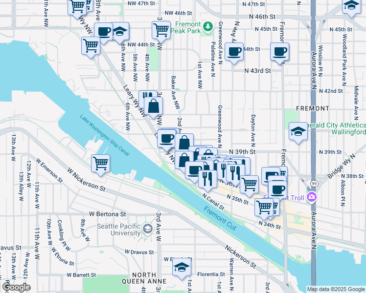 map of restaurants, bars, coffee shops, grocery stores, and more near 204 Northwest Bowdoin Place in Seattle