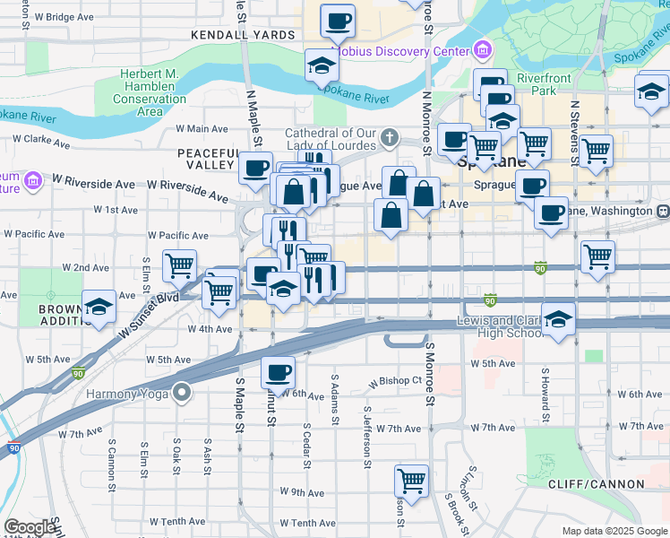 map of restaurants, bars, coffee shops, grocery stores, and more near W 2nd Ave & S Adams St in Spokane