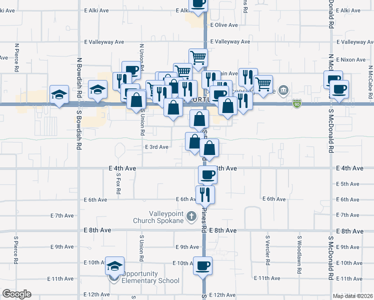 map of restaurants, bars, coffee shops, grocery stores, and more near 219 South Whipple Road in Spokane Valley