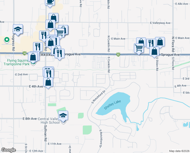 map of restaurants, bars, coffee shops, grocery stores, and more near 304 South Conklin Road in Spokane Valley