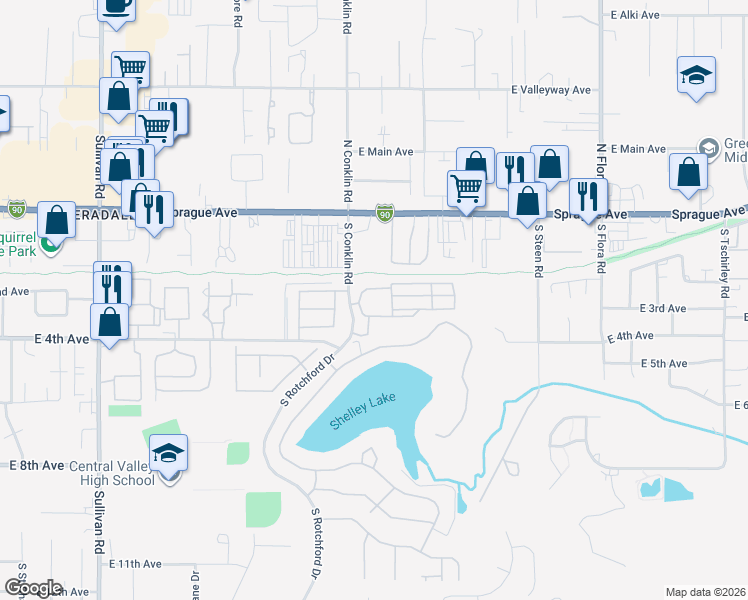 map of restaurants, bars, coffee shops, grocery stores, and more near 615 South Conklin Road in Spokane Valley