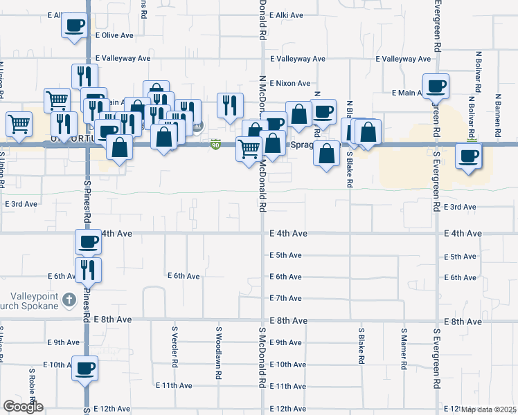 map of restaurants, bars, coffee shops, grocery stores, and more near 212 South McDonald Road in Spokane Valley