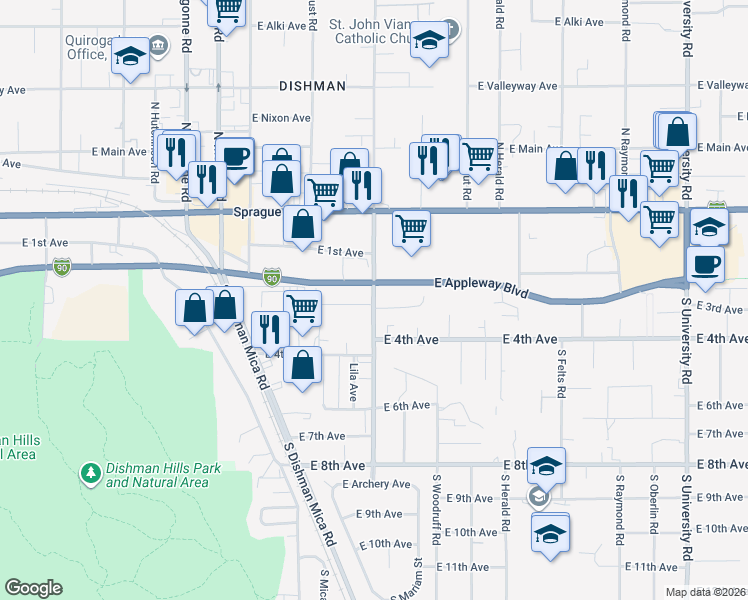 map of restaurants, bars, coffee shops, grocery stores, and more near in Spokane Valley