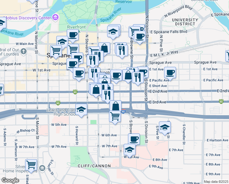 map of restaurants, bars, coffee shops, grocery stores, and more near 202 West 2nd Avenue in Spokane
