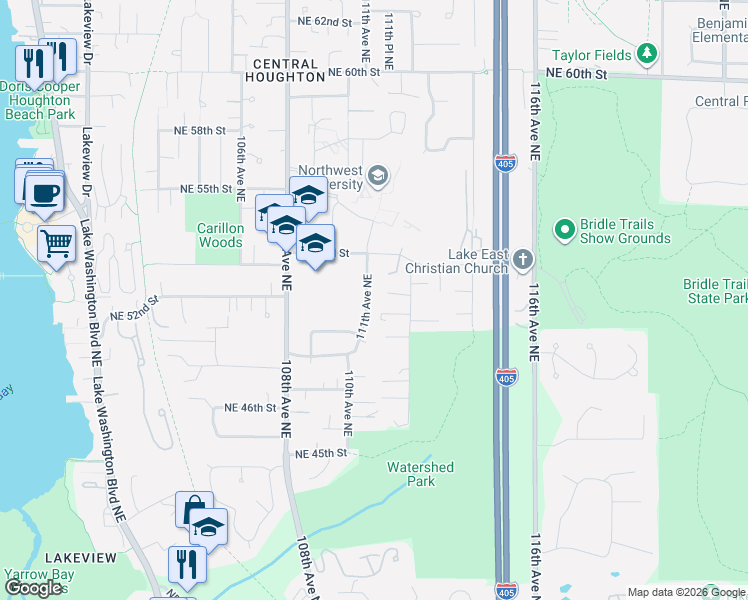 map of restaurants, bars, coffee shops, grocery stores, and more near 5223 111th Avenue Northeast in Kirkland