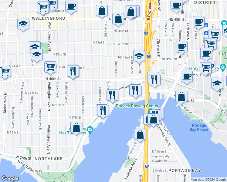 map of restaurants, bars, coffee shops, grocery stores, and more near 3914 2nd Avenue Northeast in Seattle
