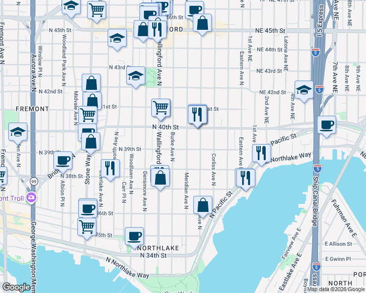 map of restaurants, bars, coffee shops, grocery stores, and more near 3923 Meridian Avenue North in Seattle