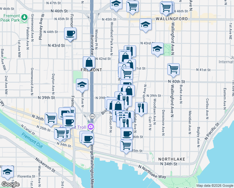 map of restaurants, bars, coffee shops, grocery stores, and more near 3932 Woodland Park Avenue North in Seattle