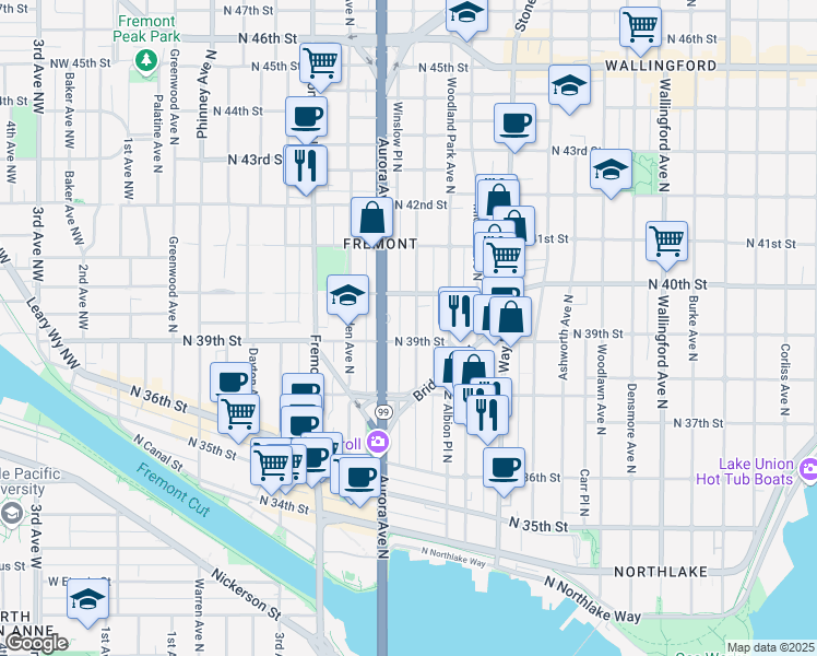 map of restaurants, bars, coffee shops, grocery stores, and more near 3926 Whitman Avenue North in Seattle