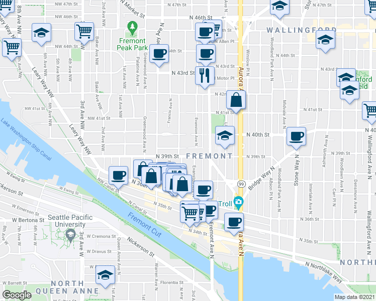 map of restaurants, bars, coffee shops, grocery stores, and more near 508 North Bowdoin Place in Seattle
