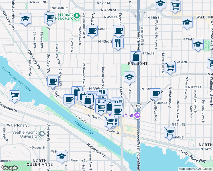 map of restaurants, bars, coffee shops, grocery stores, and more near 3960 Dayton Avenue North in Seattle