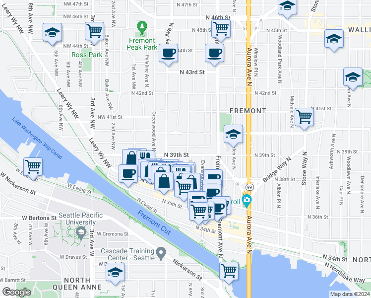 map of restaurants, bars, coffee shops, grocery stores, and more near 418 North Bowdoin Place in Seattle