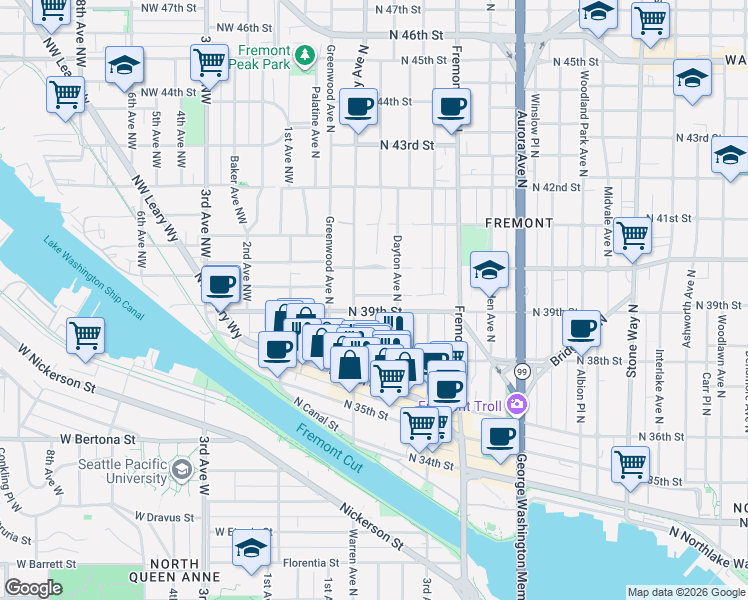 map of restaurants, bars, coffee shops, grocery stores, and more near 418 North Bowdoin Place in Seattle