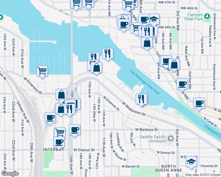 map of restaurants, bars, coffee shops, grocery stores, and more near 1060 West Ewing Street in Seattle