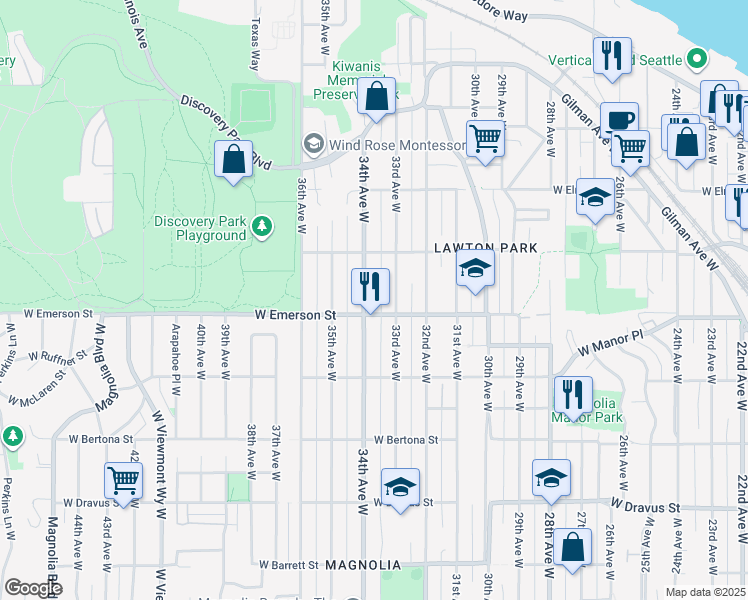 map of restaurants, bars, coffee shops, grocery stores, and more near 3829 33rd Avenue West in Seattle