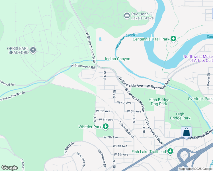 map of restaurants, bars, coffee shops, grocery stores, and more near 3424 West 2nd Avenue in Spokane