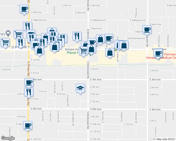 map of restaurants, bars, coffee shops, grocery stores, and more near 212 South McDonald Road in Spokane Valley