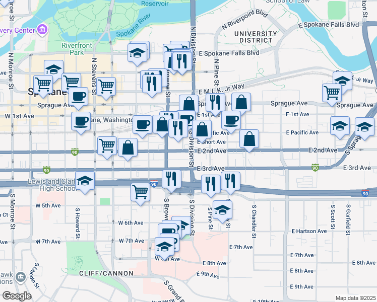 map of restaurants, bars, coffee shops, grocery stores, and more near 4 West 2nd Avenue in Spokane