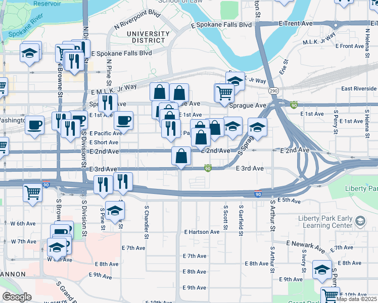 map of restaurants, bars, coffee shops, grocery stores, and more near 603 East 2nd Avenue in Spokane