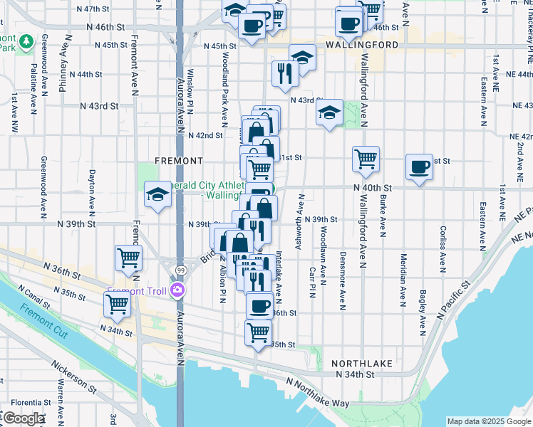 map of restaurants, bars, coffee shops, grocery stores, and more near 3920 Stone Way North in Seattle