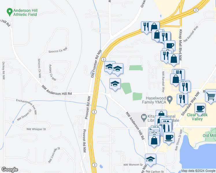 map of restaurants, bars, coffee shops, grocery stores, and more near 10125 Frontier Place Northwest in Silverdale