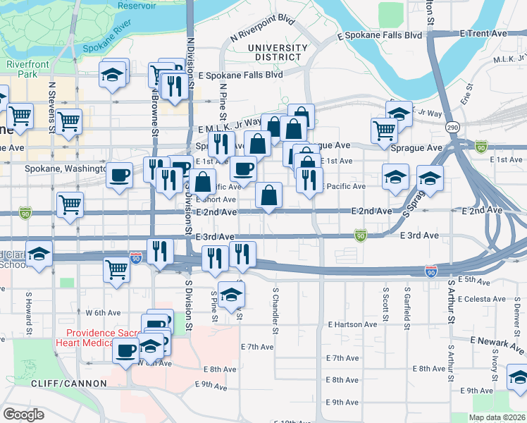 map of restaurants, bars, coffee shops, grocery stores, and more near South Spokane Street in Spokane