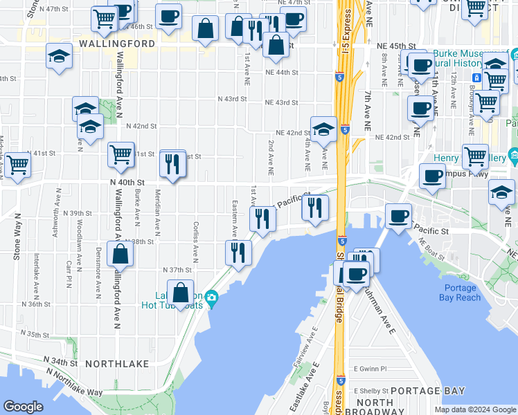 map of restaurants, bars, coffee shops, grocery stores, and more near in Seattle