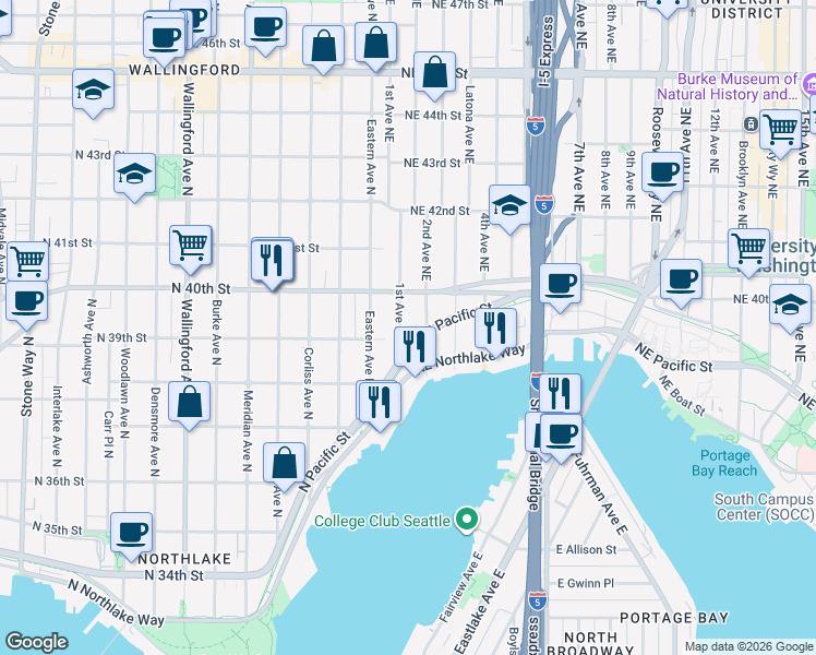 map of restaurants, bars, coffee shops, grocery stores, and more near 3926 1st Avenue Northeast in Seattle