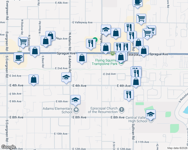map of restaurants, bars, coffee shops, grocery stores, and more near 14913 East 2nd Avenue in Spokane Valley