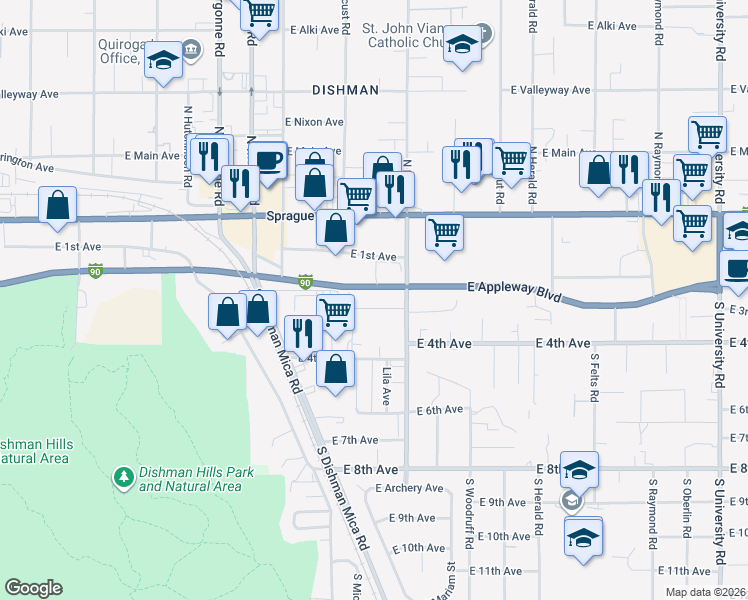 map of restaurants, bars, coffee shops, grocery stores, and more near 210 South Farr Road in Spokane Valley