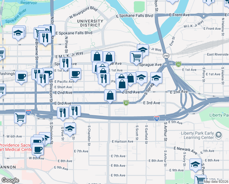 map of restaurants, bars, coffee shops, grocery stores, and more near 603 East 2nd Avenue in Spokane