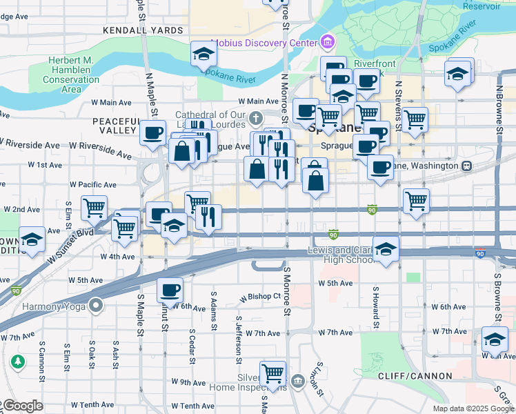 map of restaurants, bars, coffee shops, grocery stores, and more near 153 South Jefferson Street in Spokane