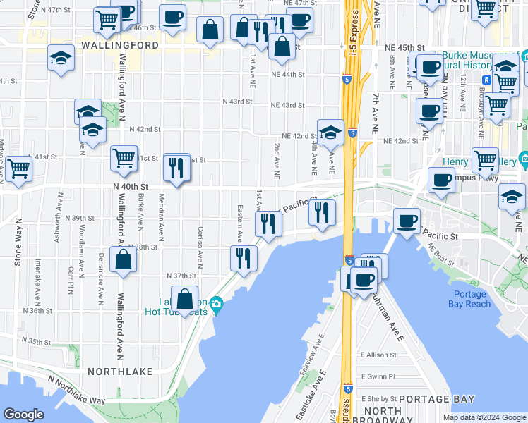 map of restaurants, bars, coffee shops, grocery stores, and more near in Seattle