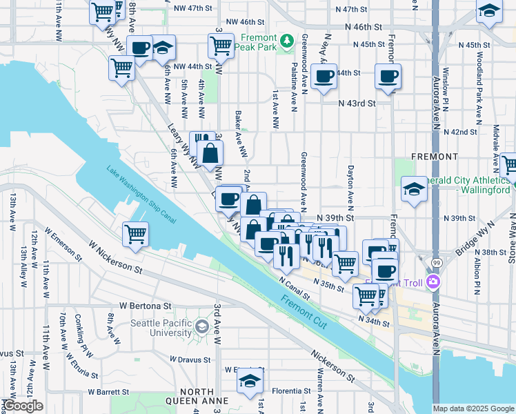 map of restaurants, bars, coffee shops, grocery stores, and more near 116 Northwest Bowdoin Place in Seattle