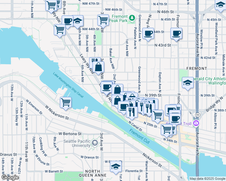 map of restaurants, bars, coffee shops, grocery stores, and more near 204 Northwest Bowdoin Place in Seattle