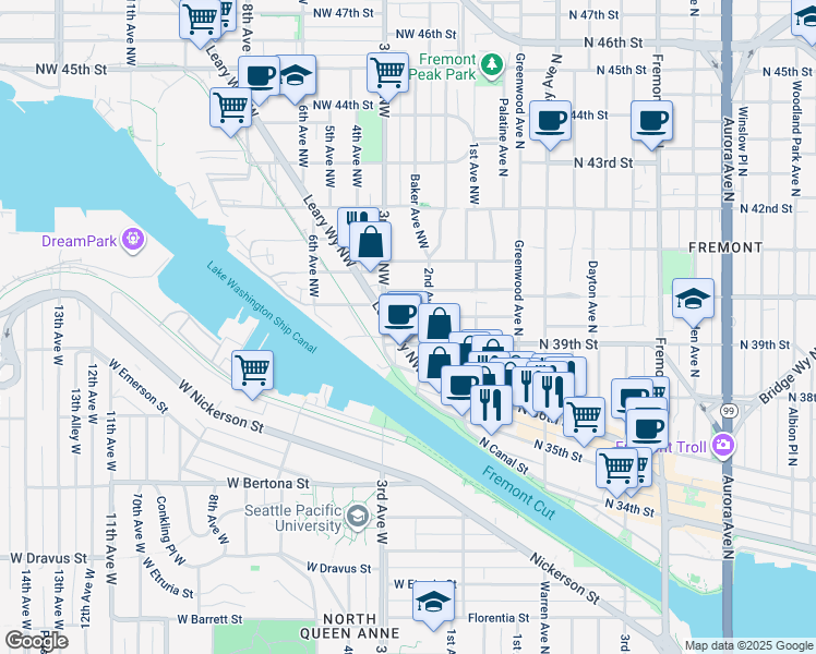 map of restaurants, bars, coffee shops, grocery stores, and more near 204 Northwest Bowdoin Place in Seattle