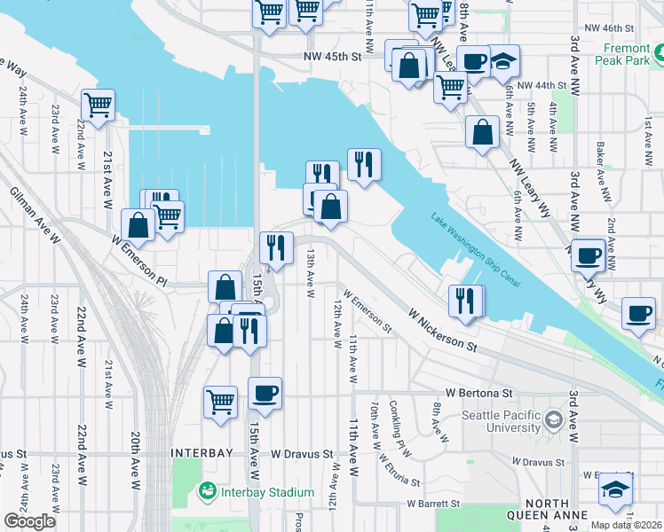 map of restaurants, bars, coffee shops, grocery stores, and more near 3820 13th Avenue West in Seattle