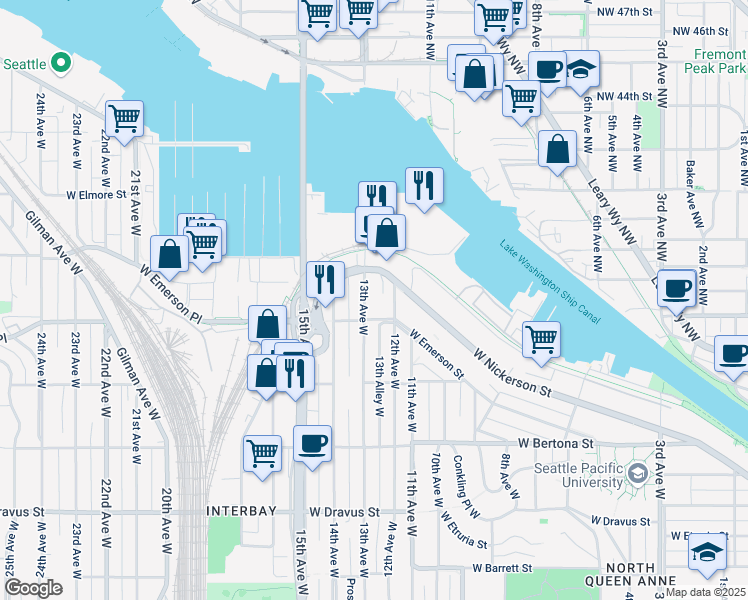map of restaurants, bars, coffee shops, grocery stores, and more near 3820 13th Avenue West in Seattle