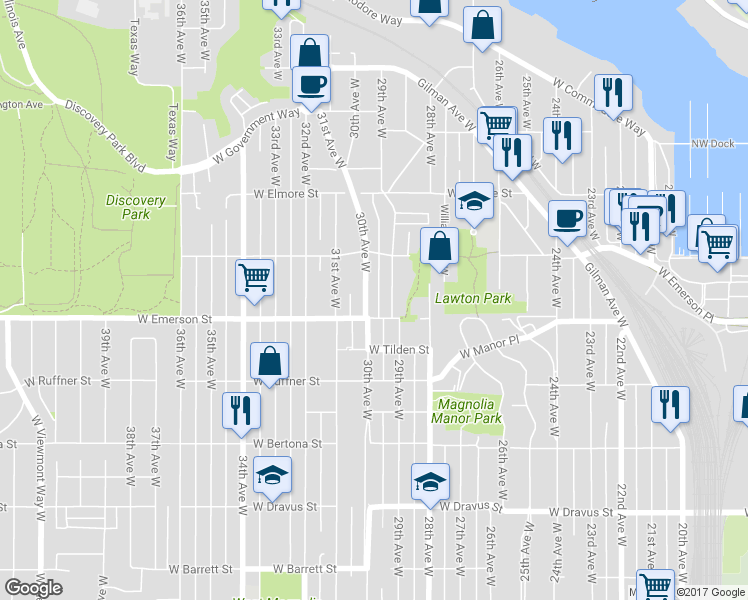 map of restaurants, bars, coffee shops, grocery stores, and more near 3826 30th Avenue West in Seattle