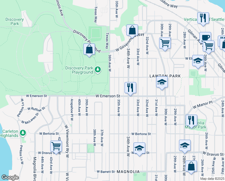 map of restaurants, bars, coffee shops, grocery stores, and more near 3830 36th Avenue West in Seattle