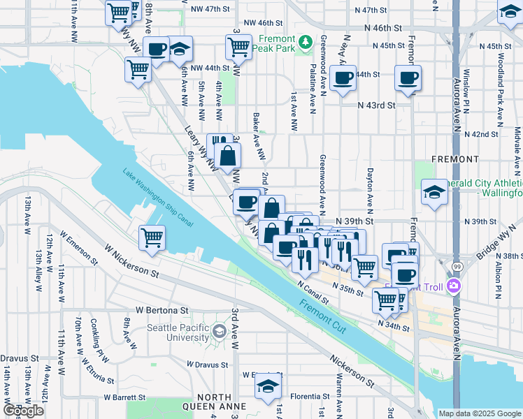 map of restaurants, bars, coffee shops, grocery stores, and more near 204 Northwest Bowdoin Place in Seattle