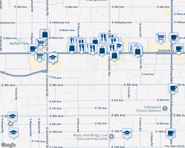 map of restaurants, bars, coffee shops, grocery stores, and more near 302 South Skipworth Road in Spokane Valley