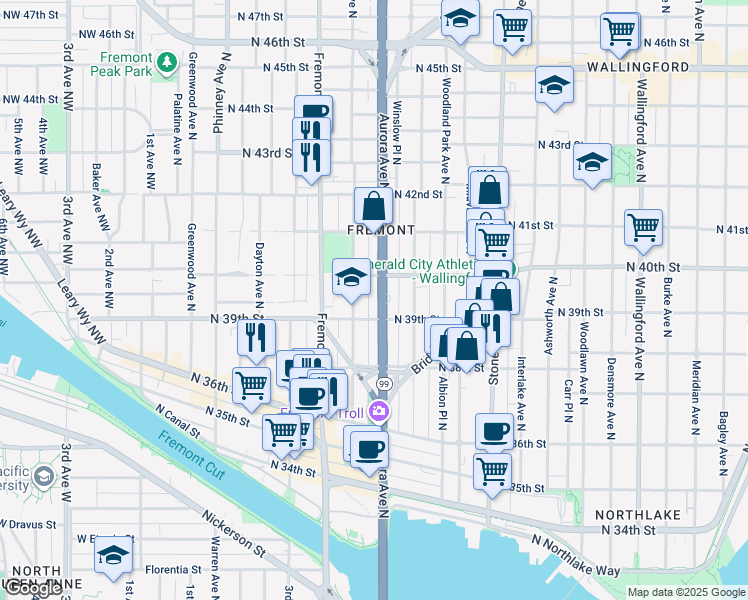 map of restaurants, bars, coffee shops, grocery stores, and more near 3929 Aurora Avenue North in Seattle