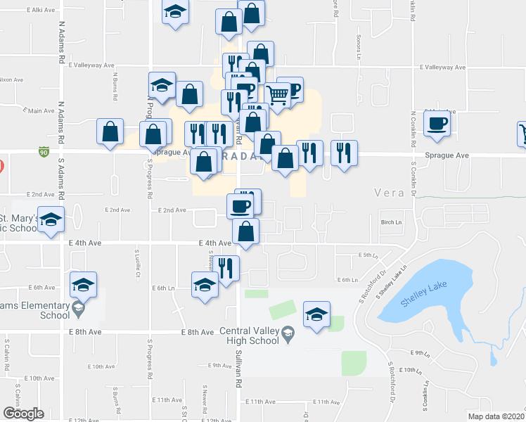 map of restaurants, bars, coffee shops, grocery stores, and more near 217 South Sullivan Road in Spokane Valley